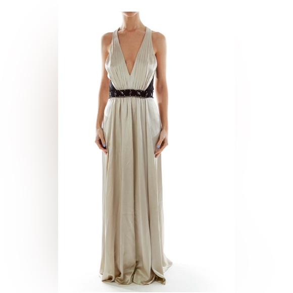 SOLD - BCBG MaxAzria Beige Silk Beaded Evening Gown EUC - Picture 1 of 11